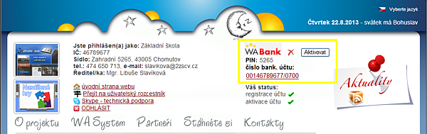 Informace o Vašem uživatelském účtu Informace o Vašem uživatelském účtu